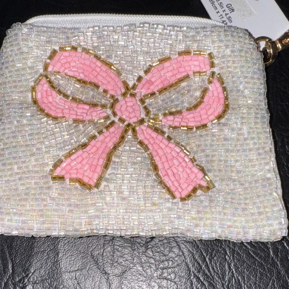 Chic Beaded Coin/Card Holder with Pink Bow, NEW, Sequins 🎀 - Picture 7 of 7